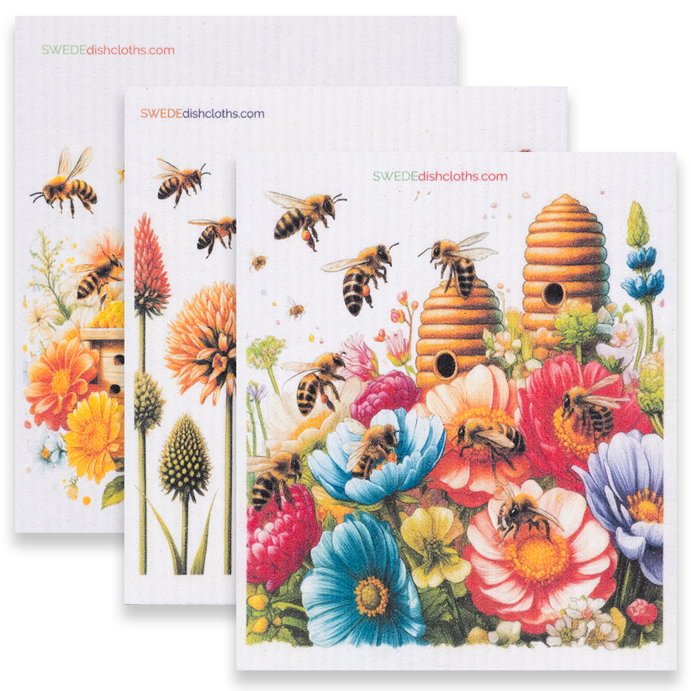 Eco-Friendly Swedish Dishcloths - Mixed Bees 2024 Set of 3 (Paper Towel Replacements, One of Each Design)