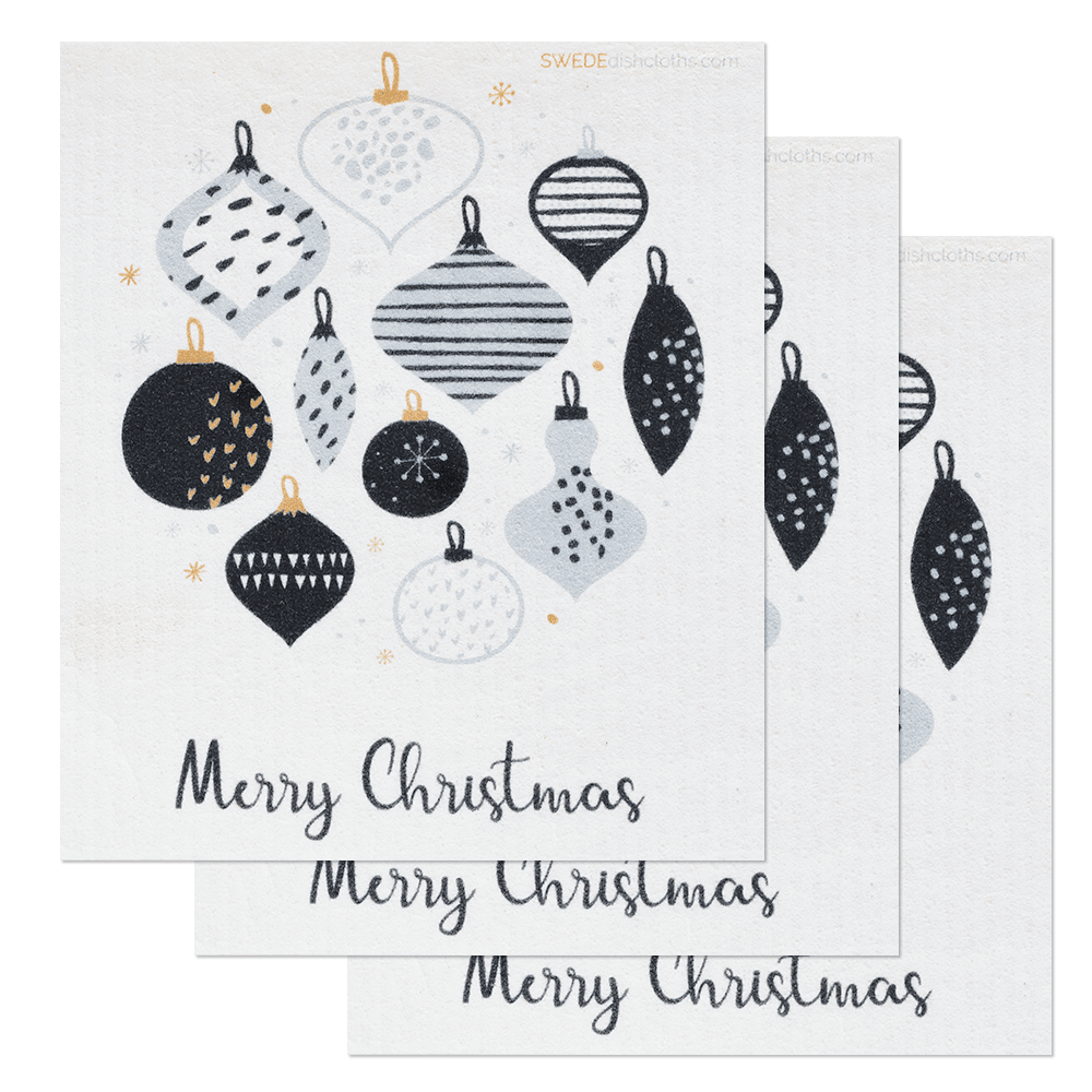 B&W Christmas Ornaments Swedish Dishcloth: Set of 3 clothsEco-Friendly, Reusable, Super Absorbent | SWEDEdishcloths - SWEDEdishcloths.com