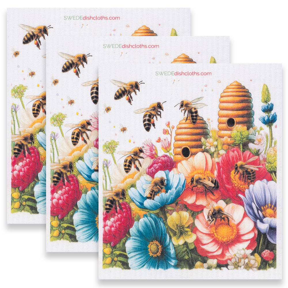 Eco-Friendly Swedish Dishcloths - Bees and Spring Flowers Set of 3 (Paper Towel Replacements) - SWEDEdishcloths.com