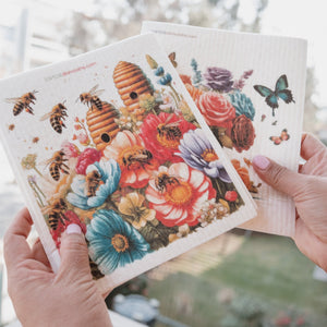 Eco-Friendly Swedish Dishcloths - Bees and Spring Flowers Set of 3 (Paper Towel Replacements) - SWEDEdishcloths.com