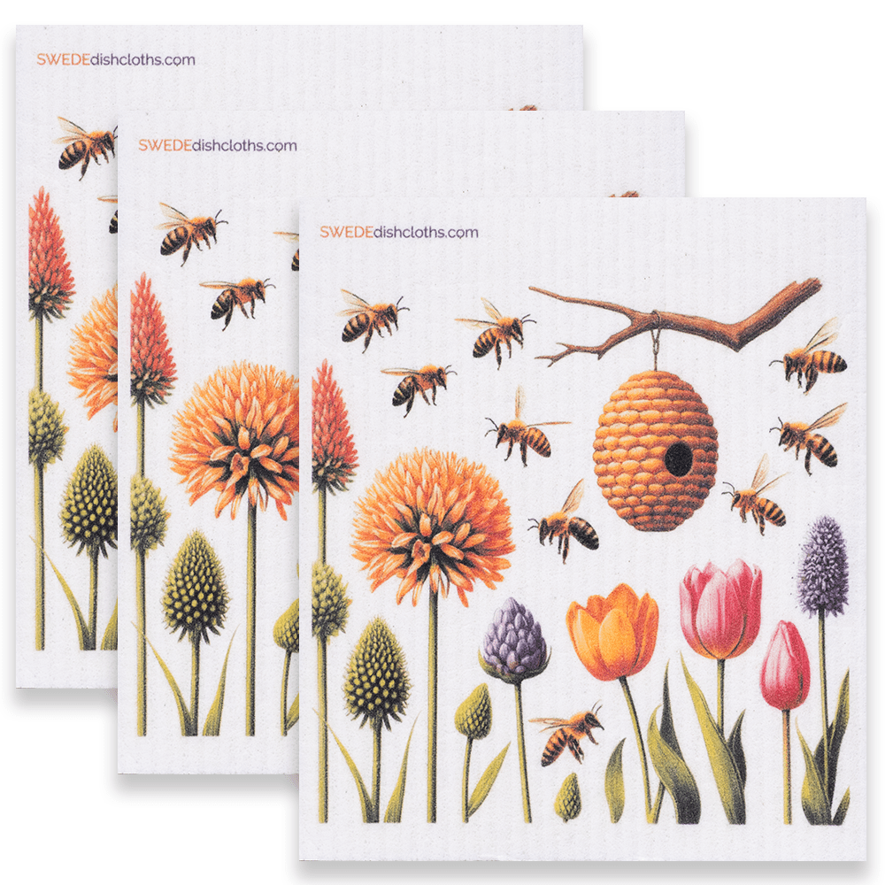 Eco-Friendly Swedish Dishcloths - Bees with Beehive Set of 3 (Paper Towel Replacements) - SWEDEdishcloths.com