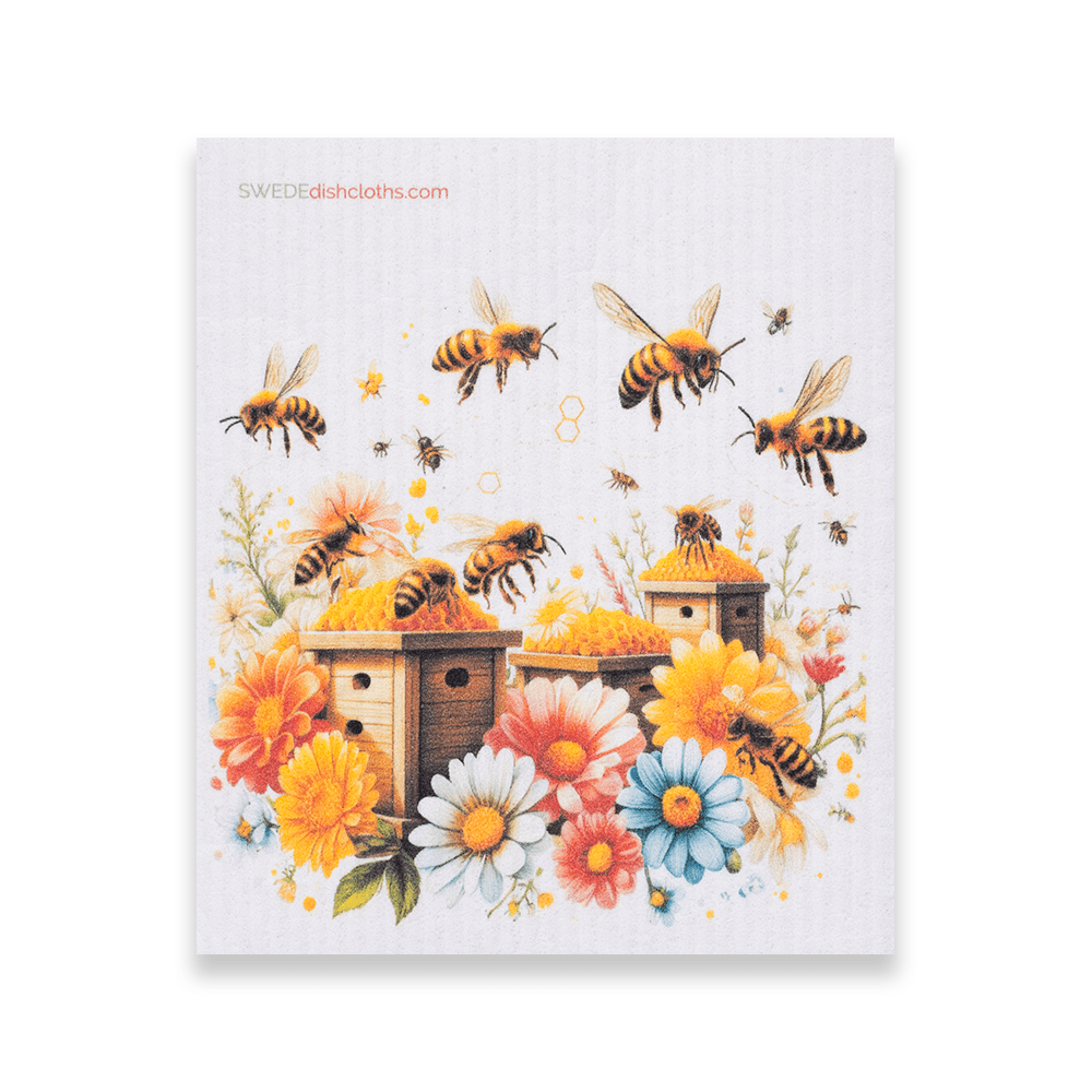 Eco-Friendly Swedish Dishcloths - Bees with Wood Beehive (Paper Towel Replacement) - SWEDEdishcloths.com