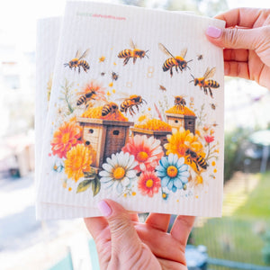 Eco-Friendly Swedish Dishcloths - Bees with Wood Beehive Set of 3 (Paper Towel Replacements) - SWEDEdishcloths.com