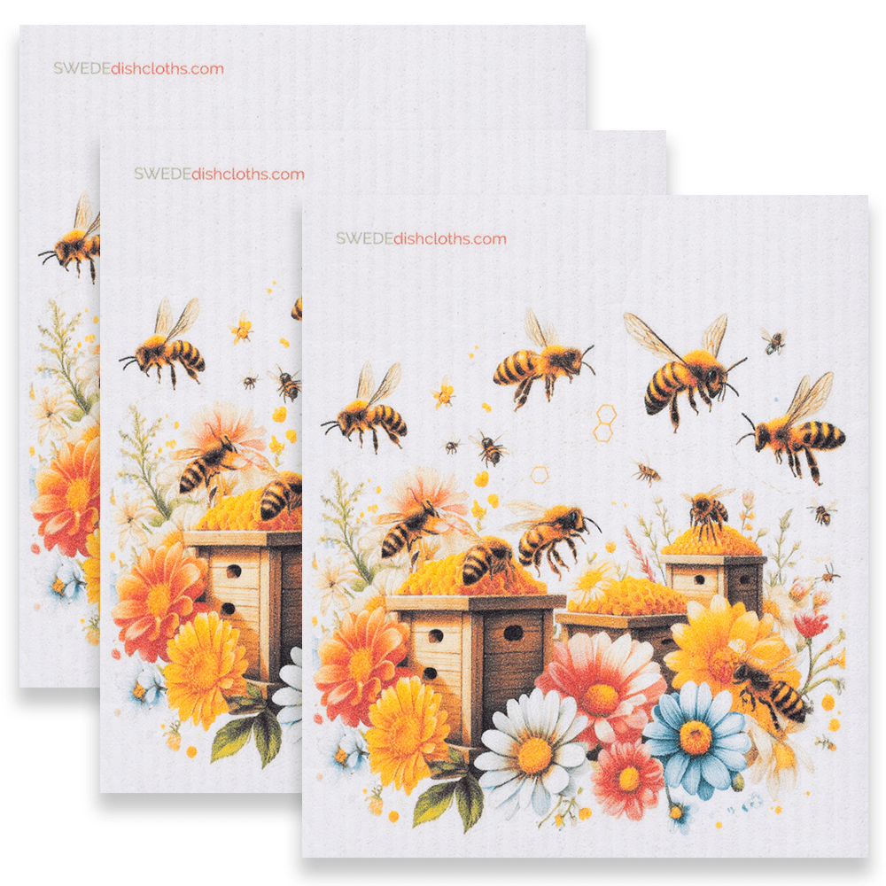 Eco-Friendly Swedish Dishcloths - Bees with Wood Beehive Set of 3 (Paper Towel Replacements) - SWEDEdishcloths.com