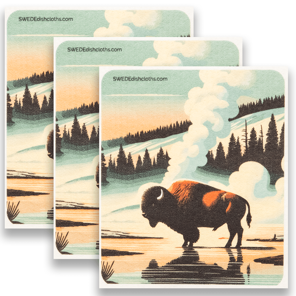 Eco-Friendly Swedish Dishcloths - Bison near Guyser Set of 3 (Paper Towel Replacements) - SWEDEdishcloths.com