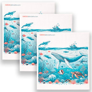 Eco-Friendly Swedish Dishcloths - Blue Whale under Ship Set of 3 (Paper Towel Replacements, One of Each Design) - SWEDEdishcloths.com