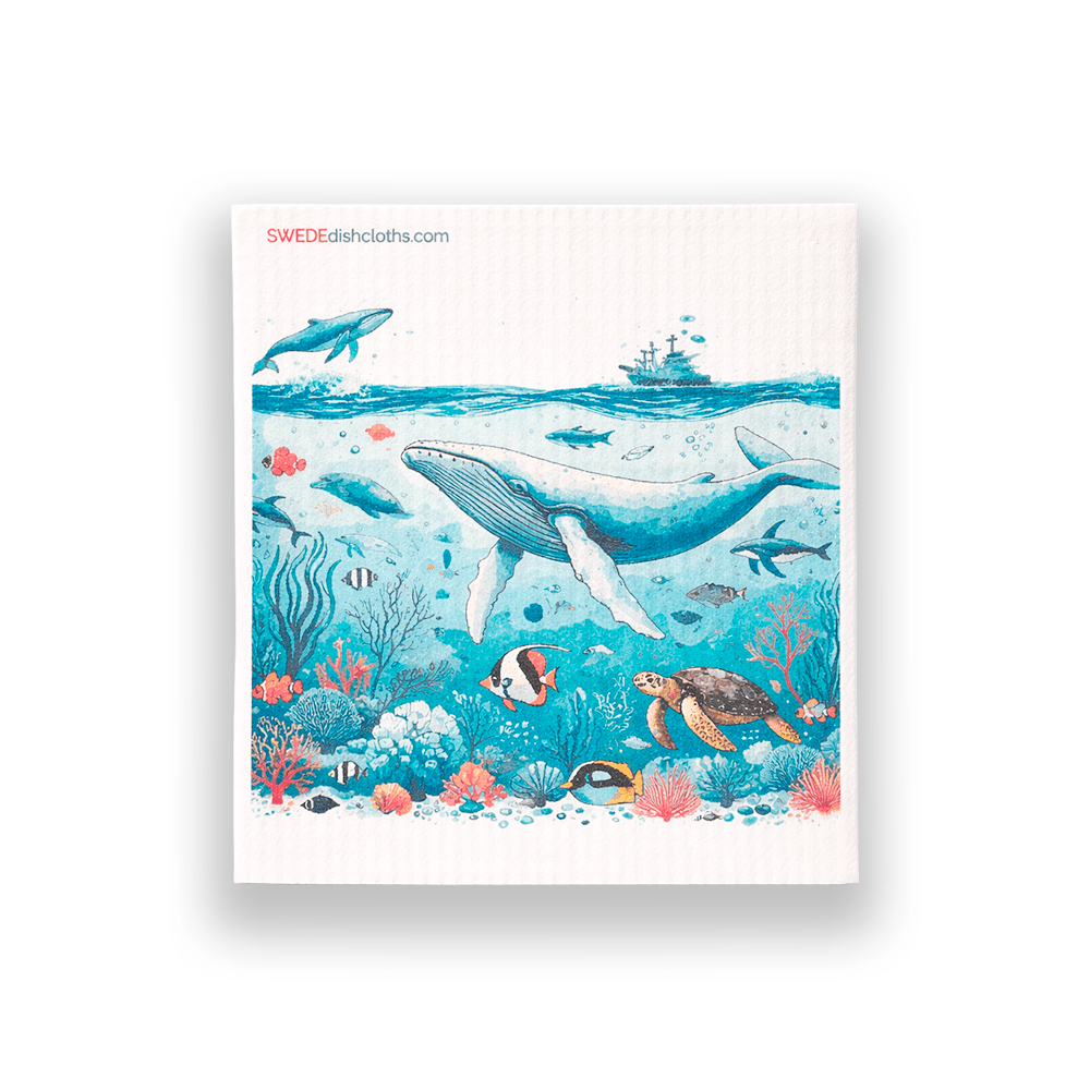 Eco-Friendly Swedish Dishcloths - Blue Whale under Ship with Calf (Paper Towel Replacement) - SWEDEdishcloths.com