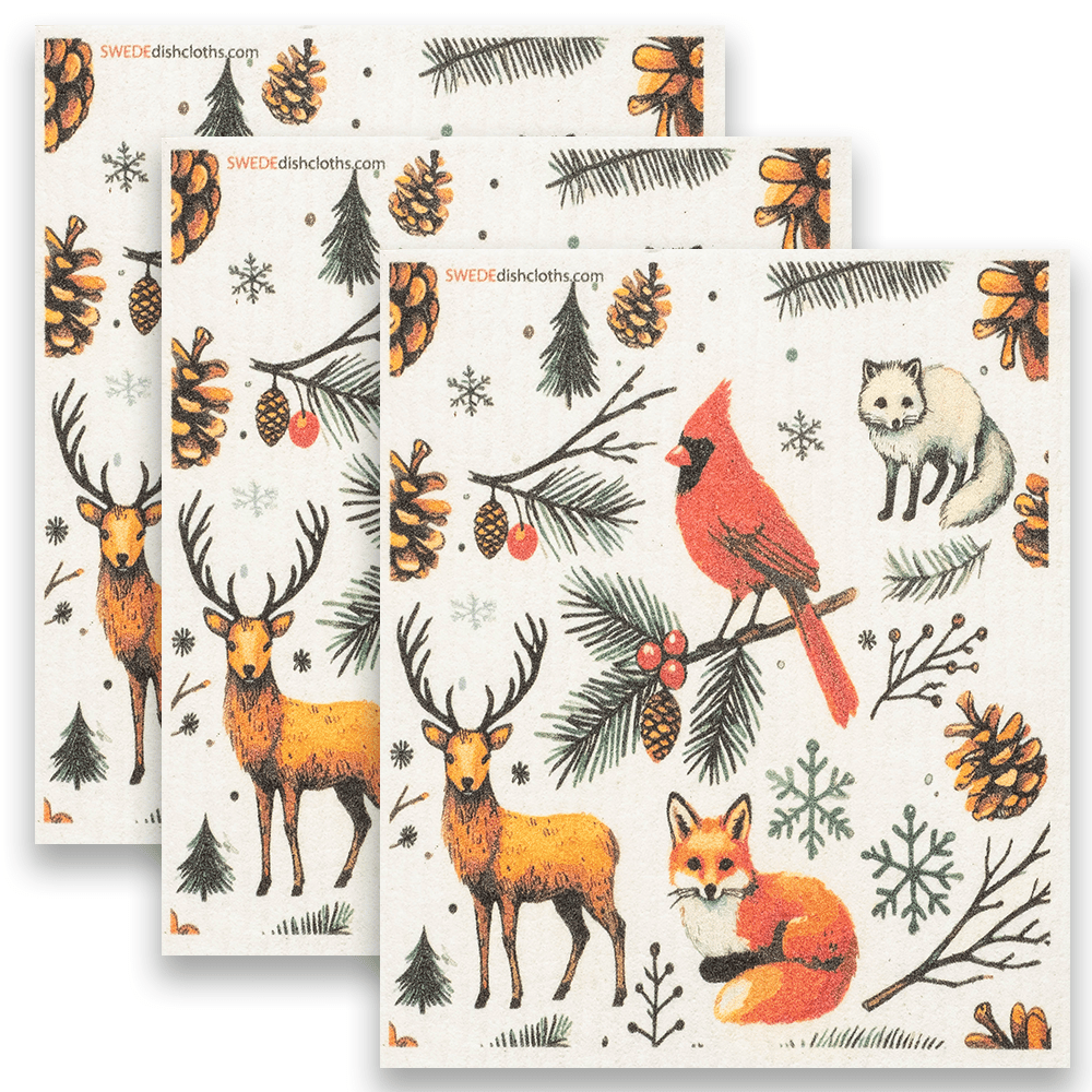 Eco-Friendly Swedish Dishcloths - Christmas Cardinal with Animals Set of 3 (Paper Towel Replacements) - SWEDEdishcloths.com