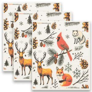 Eco-Friendly Swedish Dishcloths - Christmas Cardinal with Animals Set of 3 (Paper Towel Replacements) - SWEDEdishcloths.com
