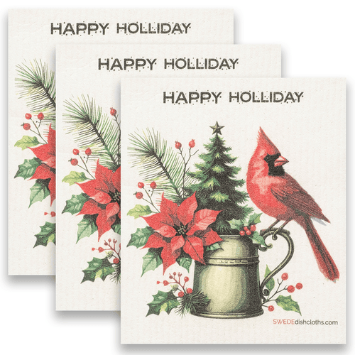 Eco-Friendly Swedish Dishcloths - Christmas Cardinal with Poinsettia 2024 Set of 3 (Paper Towel Replacements) - SWEDEdishcloths.com