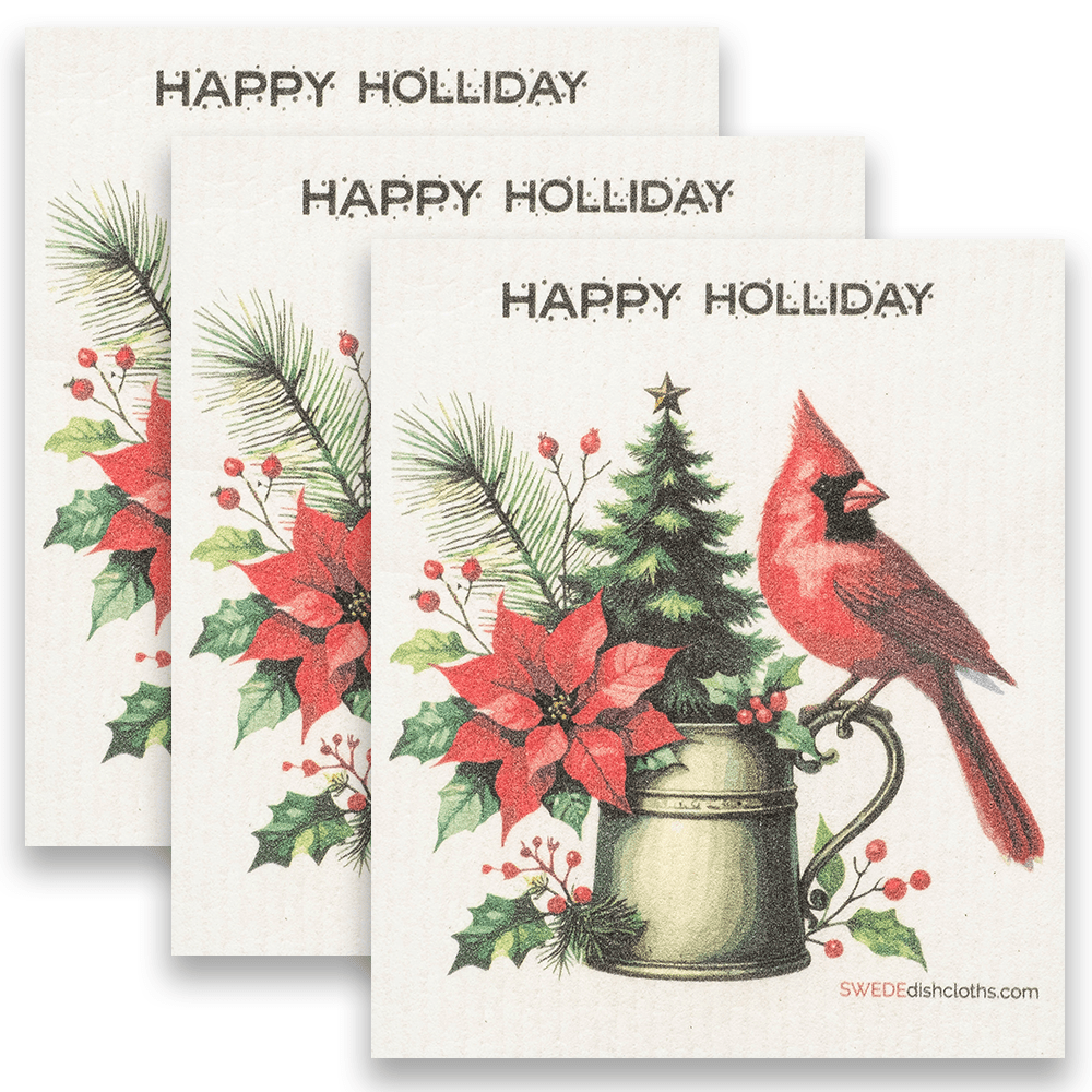Eco-Friendly Swedish Dishcloths - Christmas Cardinal with Poinsettia 2024 Set of 3 (Paper Towel Replacements) - SWEDEdishcloths.com