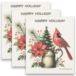 Eco-Friendly Swedish Dishcloths - Christmas Cardinal with Poinsettia 2024 Set of 3 (Paper Towel Replacements) - SWEDEdishcloths.com