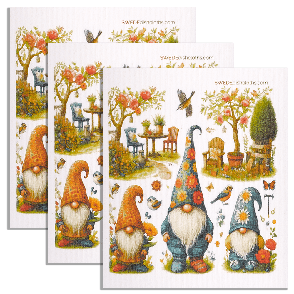 Eco-Friendly Swedish Dishcloths - Gnomes with Birds Set of 3 (Paper Towel Replacements) - SWEDEdishcloths.com