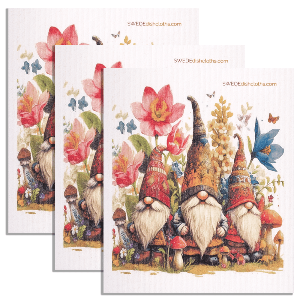 Eco-Friendly Swedish Dishcloths - Gnomes with Butterflies Set of 3 (Paper Towel Replacements) - SWEDEdishcloths.com