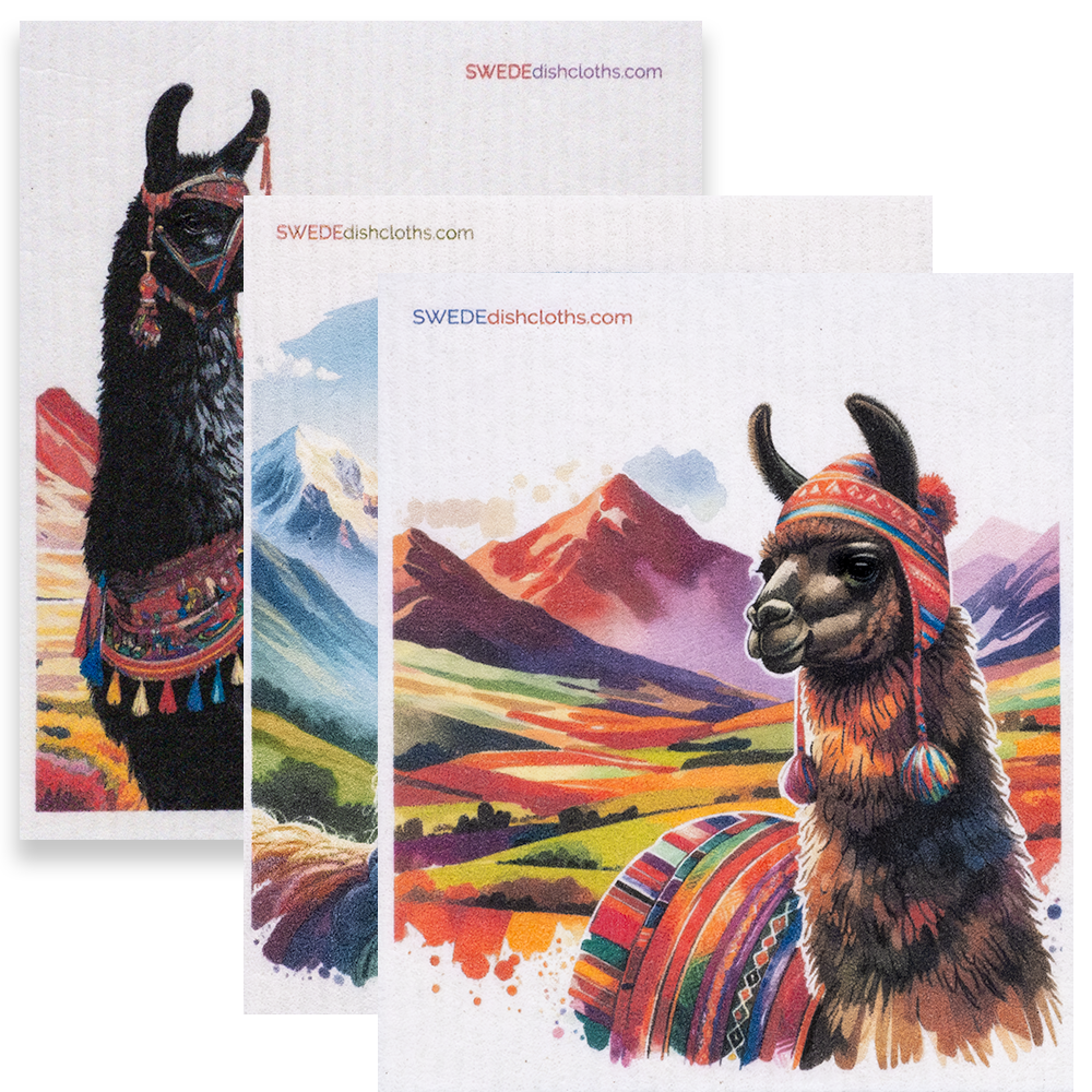Eco-Friendly Swedish Dishcloths - Mixed Colorful Llamas Set of 3 (Paper Towel Replacements, One of Each Design) - SWEDEdishcloths.com