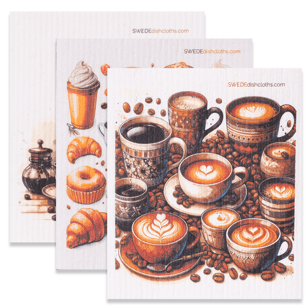 Eco-Friendly Swedish Dishcloths - Mixed New Coffee Set of 3 (Paper Towel Replacements, One of Each Design) - SWEDEdishcloths.com