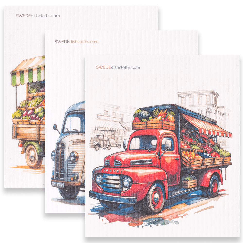 Eco-Friendly Swedish Dishcloths - Mixed Produce Trucks Set of 3 (Paper Towel Replacements, One of Each Design) - SWEDEdishcloths.com