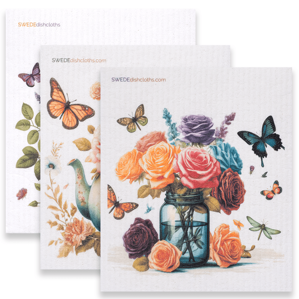 Eco-Friendly Swedish Dishcloths - Mixed Roses Set of 3 (Paper Towel Replacements, One of Each Design) - SWEDEdishcloths.com