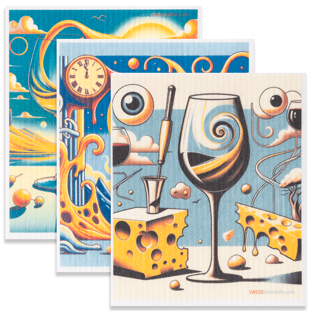 Eco-Friendly Swedish Dishcloths - Mixed Surreal Wine Set of 3 (Paper Towel Replacements, One of Each Design) - SWEDEdishcloths.com