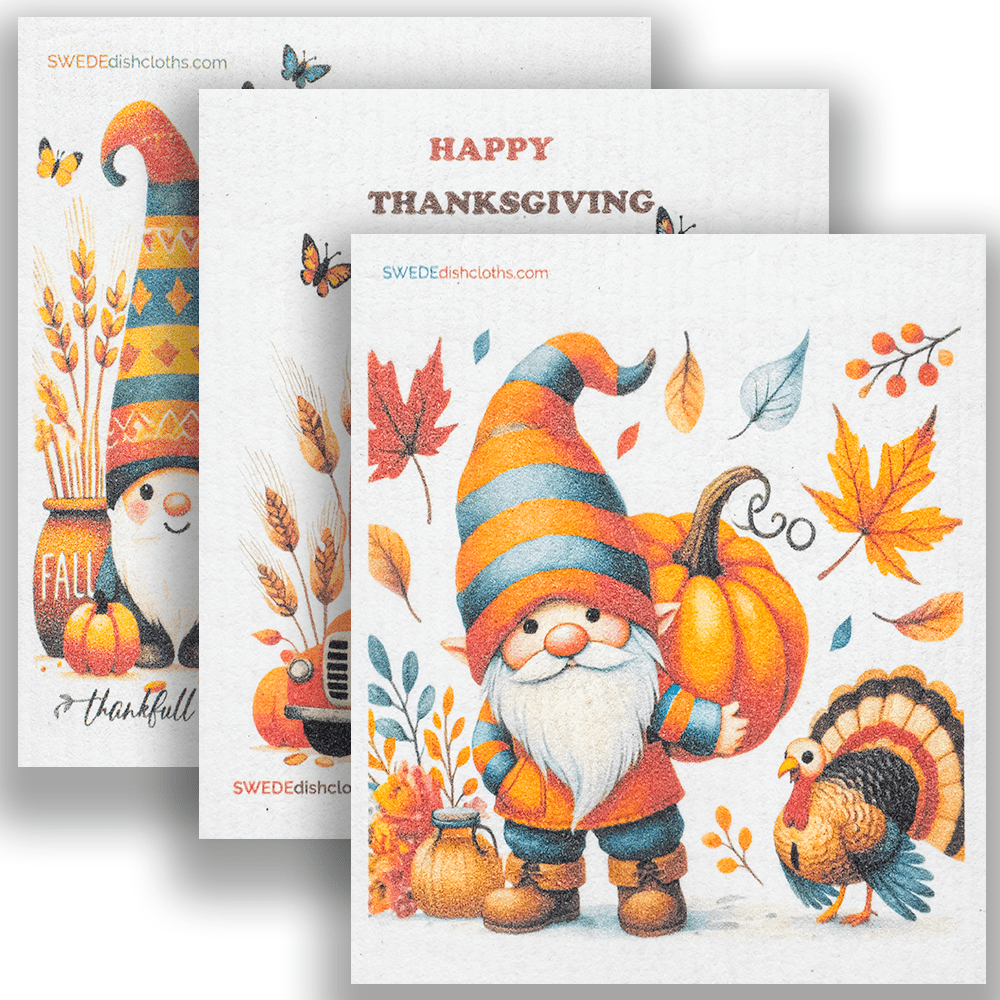Eco-Friendly Swedish Dishcloths - Mixed Thanksgiving Gnomes set of 3 - SWEDEdishcloths.com