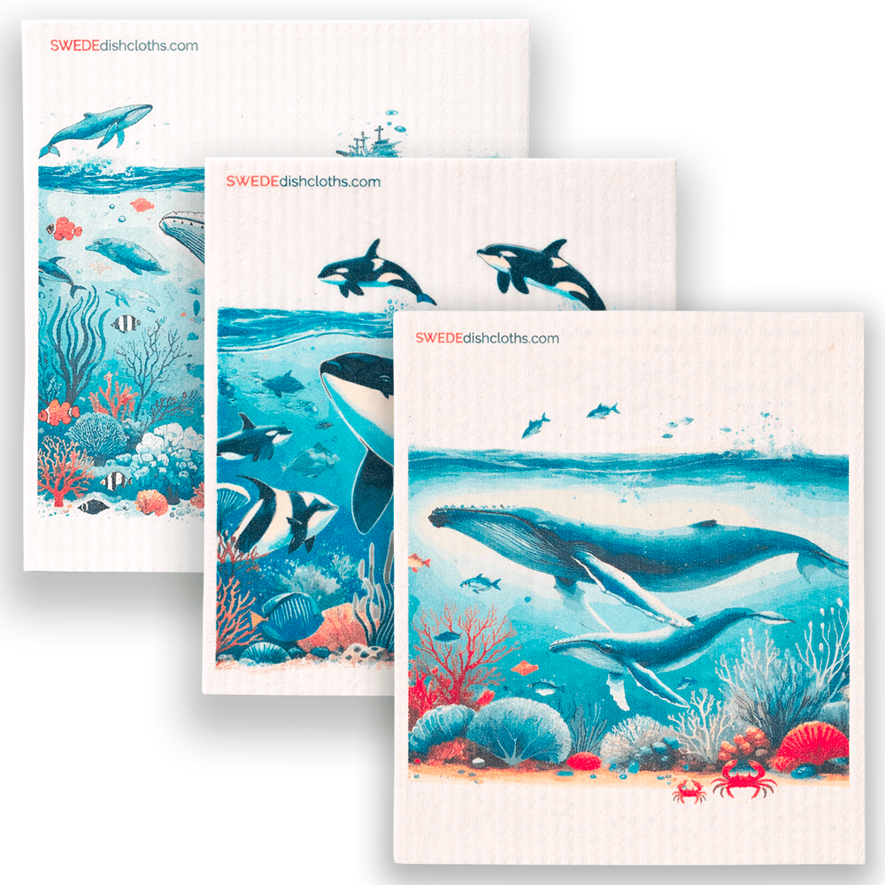 Eco-Friendly Swedish Dishcloths - Mixed Whales Set of 3 (Paper Towel Replacements, One of Each Design) - SWEDEdishcloths.com