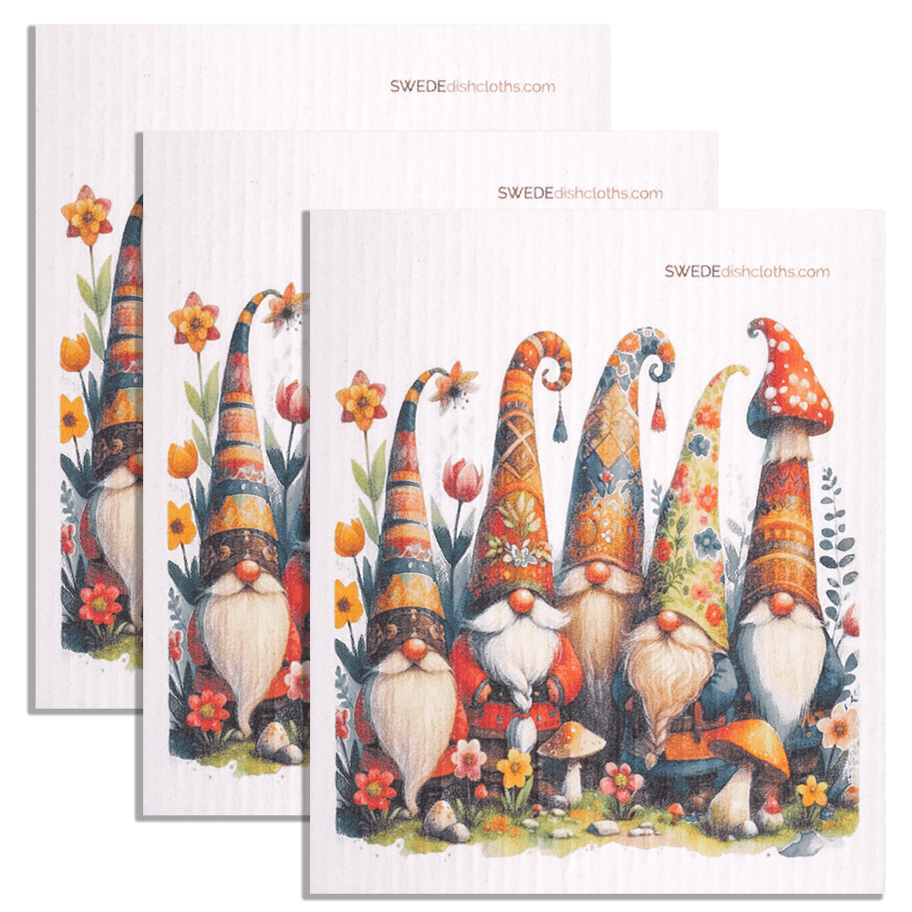 Eco-Friendly Swedish Dishcloths - Mushroom Hat Gnomes Set of 3 (Paper Towel Replacements) - SWEDEdishcloths.com