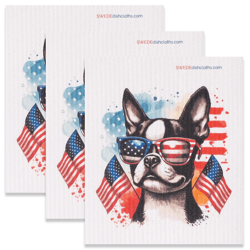 Eco-Friendly Swedish Dishcloths - Patriotic French Bulldog Set of 3 (Paper Towel Replacements) - SWEDEdishcloths.com