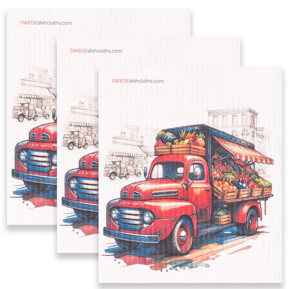 Eco-Friendly Swedish Dishcloths - Red Produce Truck Set of 3 (Paper Towel Replacements) - SWEDEdishcloths.com