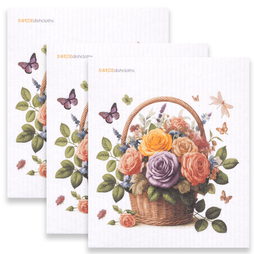 Eco-Friendly Swedish Dishcloths - Roses in Basket Set of 3 (Paper Towel Replacements) - SWEDEdishcloths.com