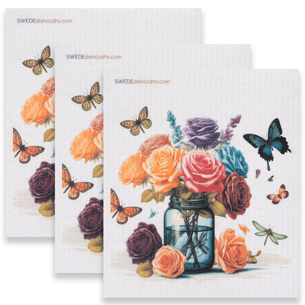 Eco-Friendly Swedish Dishcloths - Roses in Mason Jar Set of 3 (Paper Towel Replacements) - SWEDEdishcloths.com