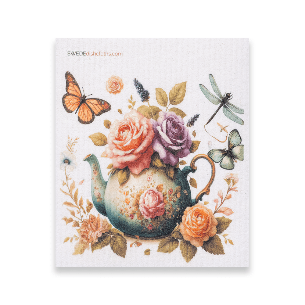 Eco-Friendly Swedish Dishcloths - Roses in Tea Pot (Paper Towel Replacement) - SWEDEdishcloths.com