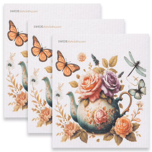 Eco-Friendly Swedish Dishcloths - Roses with Butterflies Set of 3 (Paper Towel Replacements) - SWEDEdishcloths.com