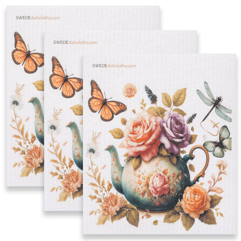 Eco-Friendly Swedish Dishcloths - Roses with Butterflies Set of 3 (Paper Towel Replacements) - SWEDEdishcloths.com