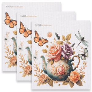 Eco-Friendly Swedish Dishcloths - Roses with Butterflies Set of 3 (Paper Towel Replacements) - SWEDEdishcloths.com