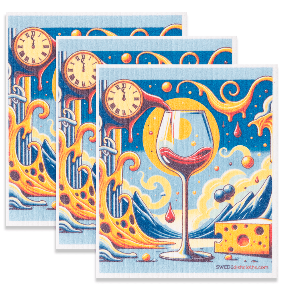 Eco-Friendly Swedish Dishcloths - Surreal Wine Clock Set of 3 (Paper Towel Replacements) - SWEDEdishcloths.com