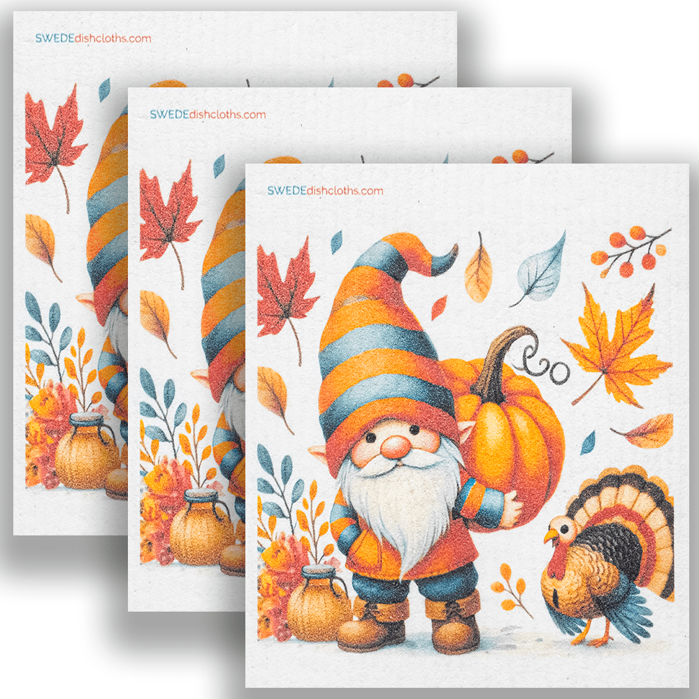 Eco-Friendly Swedish Dishcloths - Thanksgiving Gnome and Turkey set of 3 - SWEDEdishcloths.com