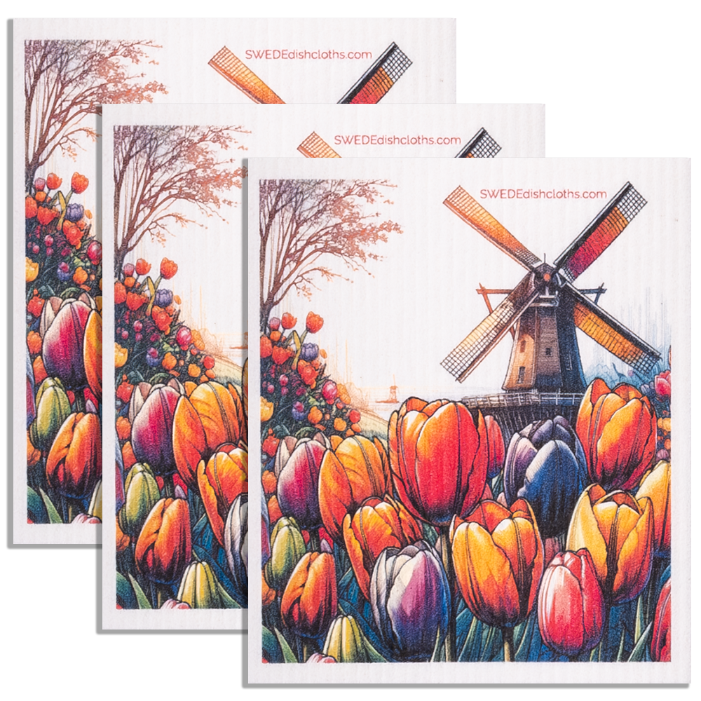 Eco-Friendly Swedish Dishcloths - Tulips Windmill Set of 3 (Paper Towel Replacements) - SWEDEdishcloths.com