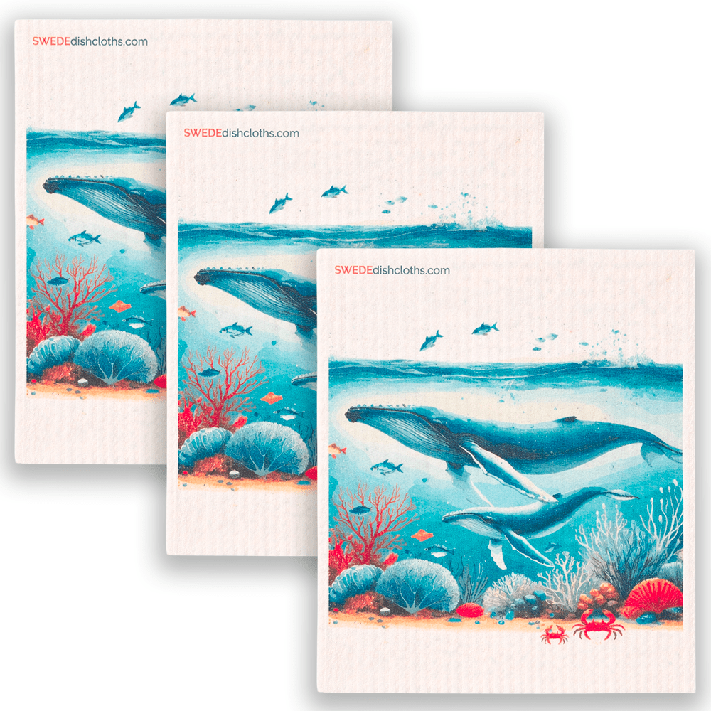 Eco-Friendly Swedish Dishcloths - Whale with Calf Set of 3 (Paper Towel Replacements, One of Each Design) - SWEDEdishcloths.com