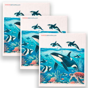 Eco-Friendly Swedish Dishcloths - Orca Whale Set of 3 (Paper Towel Replacements, One of Each Design)