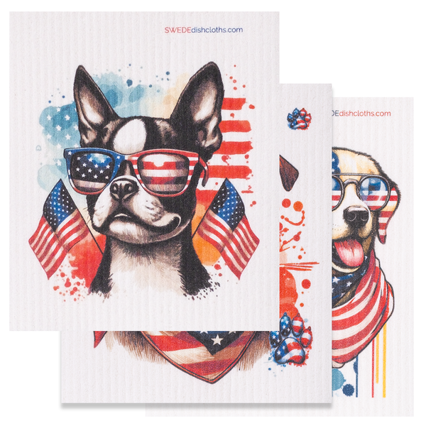 Eco-Friendly Swedish Dishcloths - Mixed Patriotic Dogs Set of 3 (Paper Towel Replacements, One of Each Design)