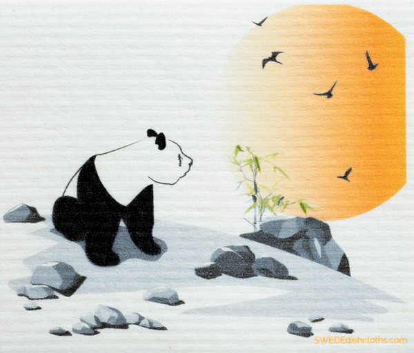 Panda and Birds Swedish Dishcloth: Single cloth, Eco-Friendly, Reusable, Super Absorbent | SWEDEdishcloths