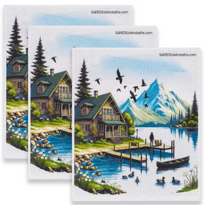 Eco-Friendly Swedish Dishcloths - Cabin on Lake Set of 3 (Paper Towel Replacements)