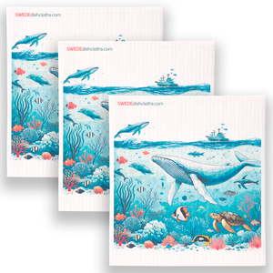 Eco-Friendly Swedish Dishcloths - Blue Whale under Ship Set of 3 (Paper Towel Replacements, One of Each Design)
