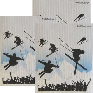 Ski Jumping Set of 3 each on white Swedish Dishcloths | ECO Friendly Absorbent Cleaning Cloth