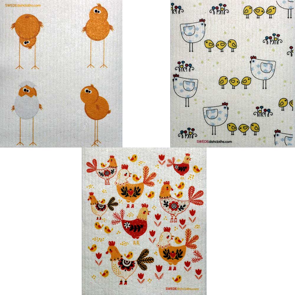 Mixed Chickens Set of 3 cloths Swedish Dishcloths (one of each design) | ECO Friendly Absorbent Cleaning Cloth | Reusable Cleaning Wipes