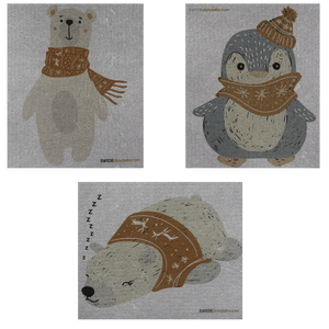 Mixed Winter Animals on Gray Set of 3 cloths (One of each design) Swedish Dishcloths ECO  Absorbent Cleaning Cloth