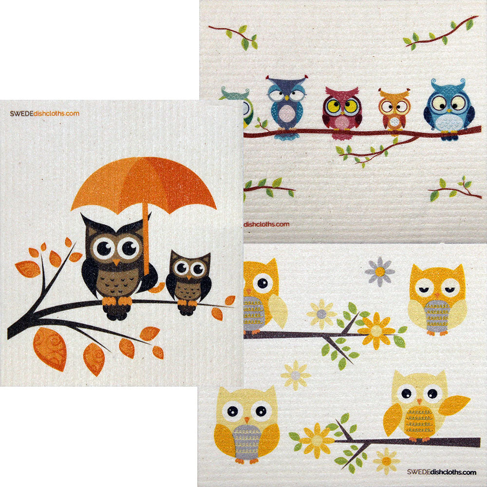 Mixed Owls Set of 3 cloths (One of each design) Swedish Dishcloths ECO  Absorbent Cleaning Cloth