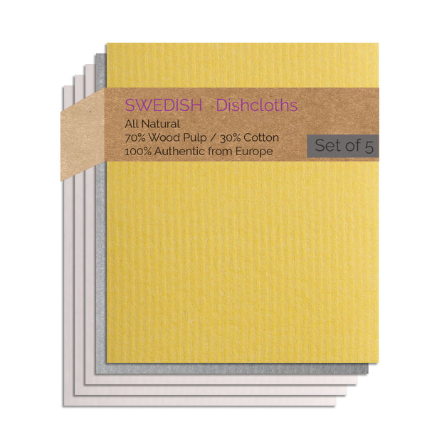 Swedish Dishcloths 5 Pack (1 Gray, 1 Yellow, 3 Natural) Combo GYNNN Paper Towel Replacements | Swededishcloths