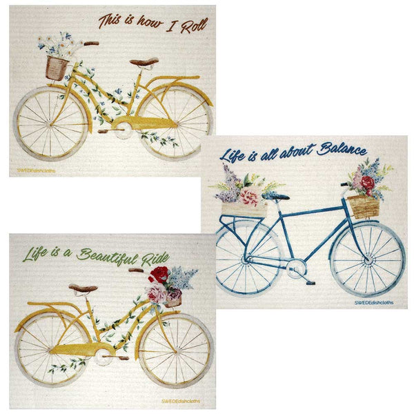 Swedish Dishcloths Bike Sayings Set of 3 cloths (one of each design)  Eco Friendly Absorbent Cleaning Cloth