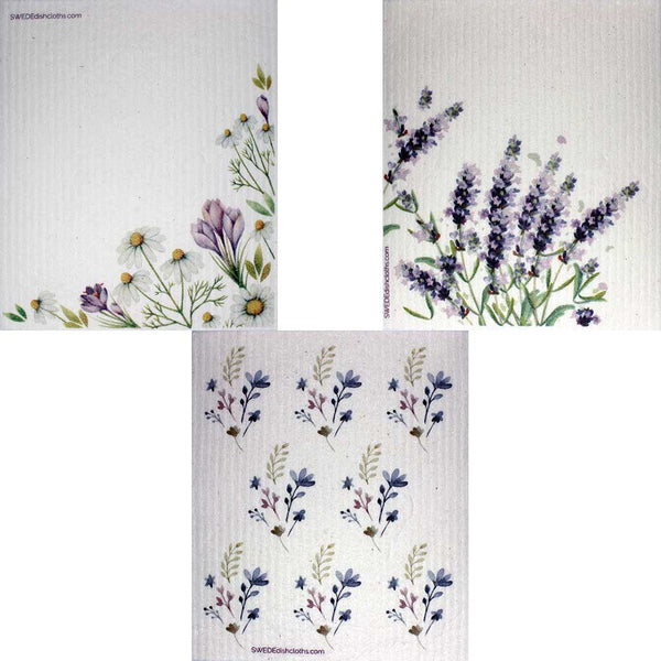 Swedish Dishcloths Mixed Purple Wildflowers Set of 3 cloths (one of each design)  Eco Friendly Absorbent Cleaning Cloth